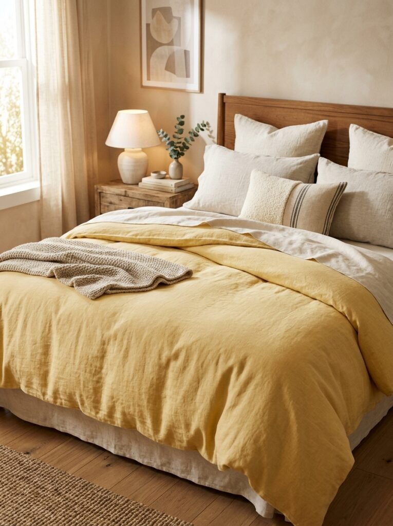 Butter yellow linen duvet cover on a bed
