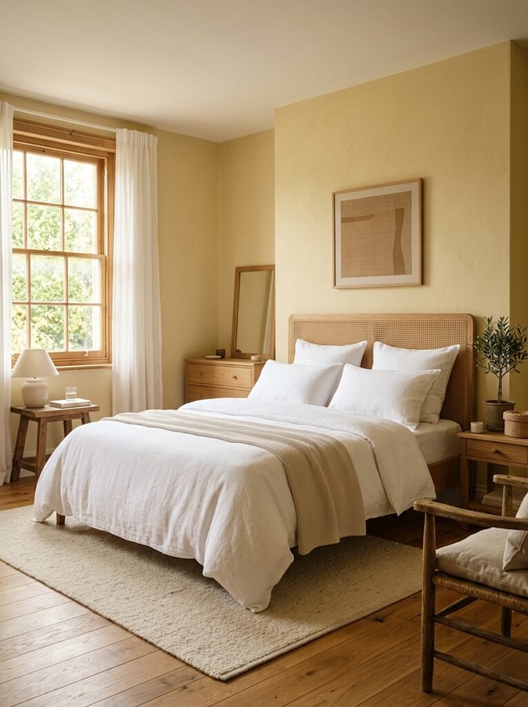 Bedroom with muted butter yellow painted walls