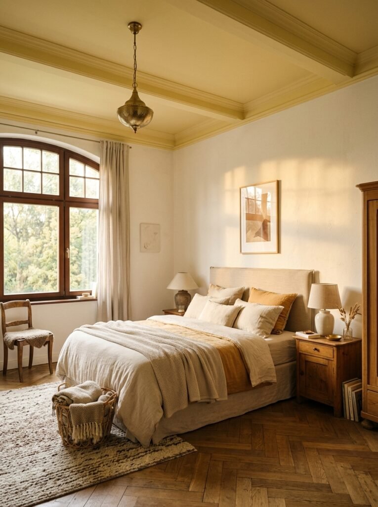 Pale butter yellow painted bedroom ceiling