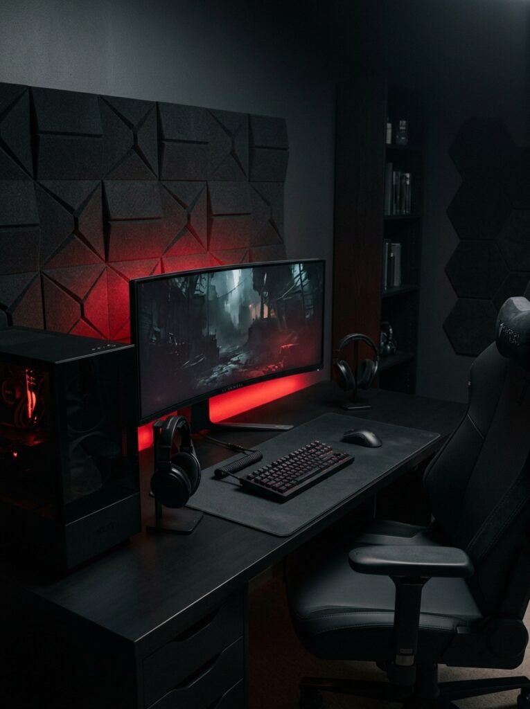 all-black gaming setup with red accent lighting