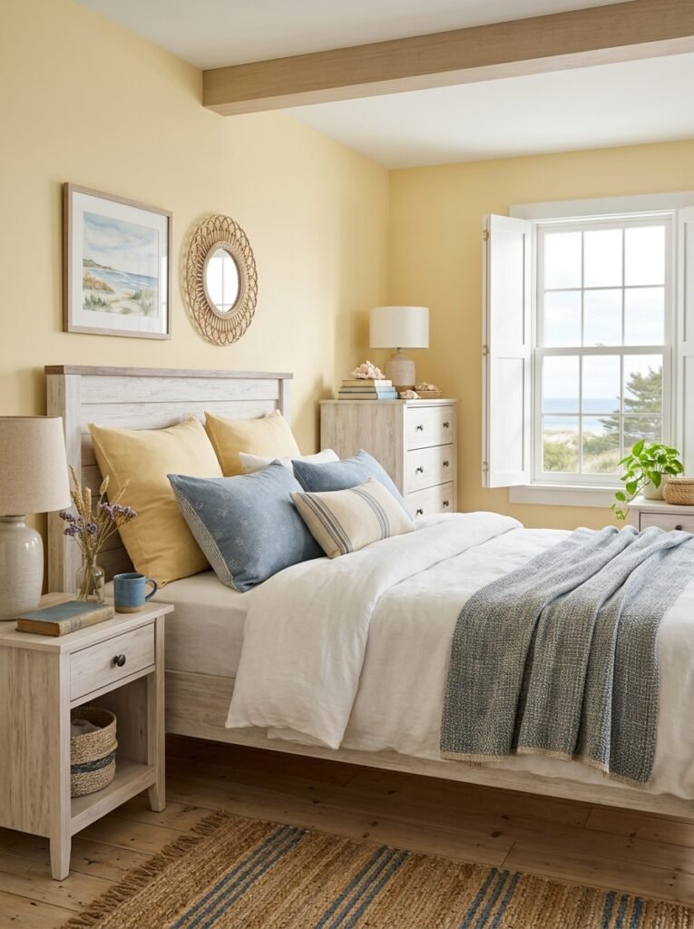 Dusty blue and butter yellow bedroom palette