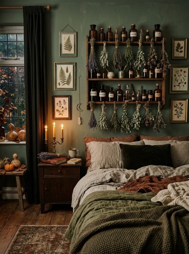Witchy botanical bedroom with dried herbs, amber bottles, and botanical prints