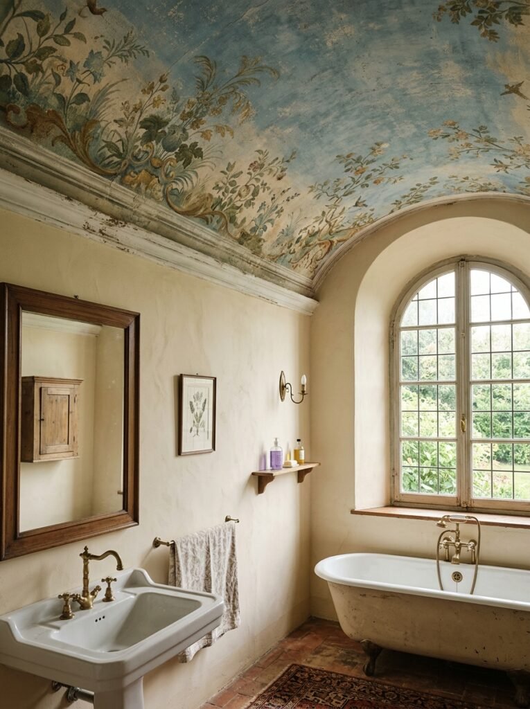 Faded botanical fresco on a bathroom ceiling