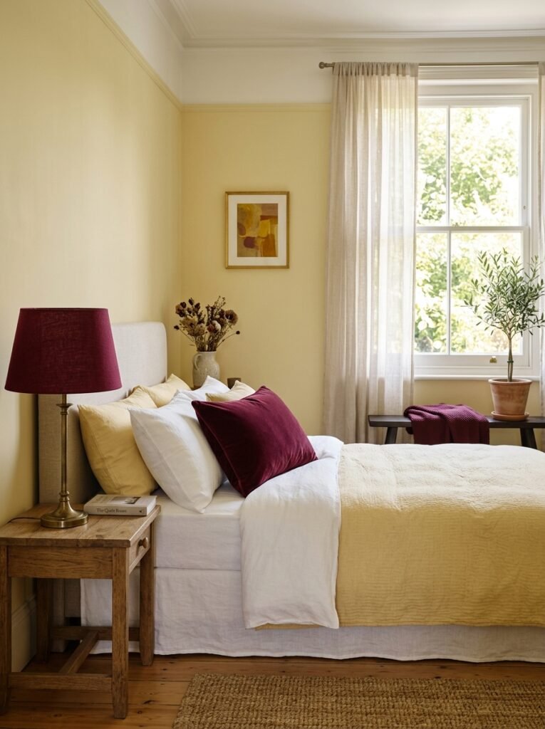 Burgundy accents in a butter yellow bedroom