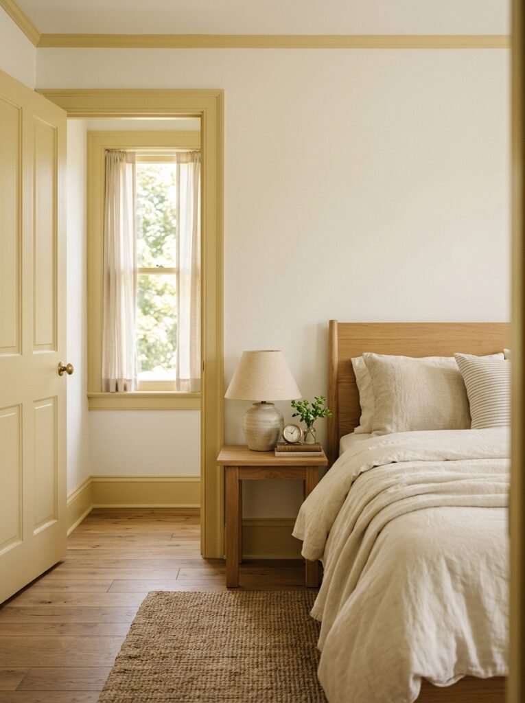 Butter yellow painted door and trim against warm white bedroom walls