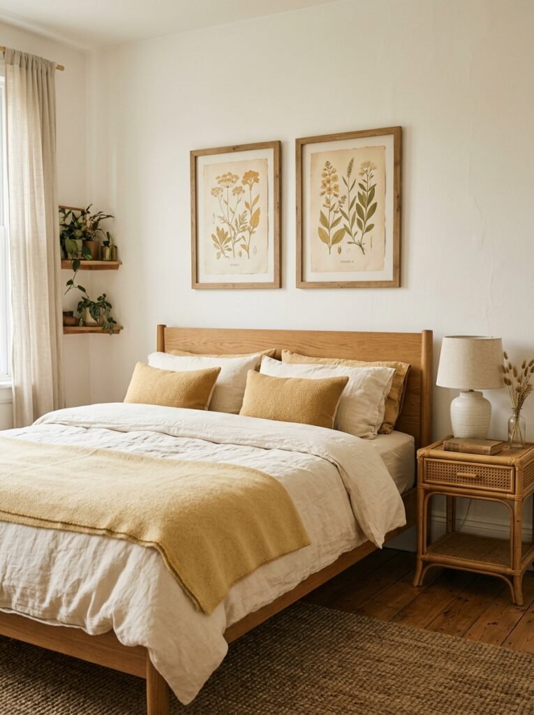 Vintage botanical prints in ochre tones above a bed