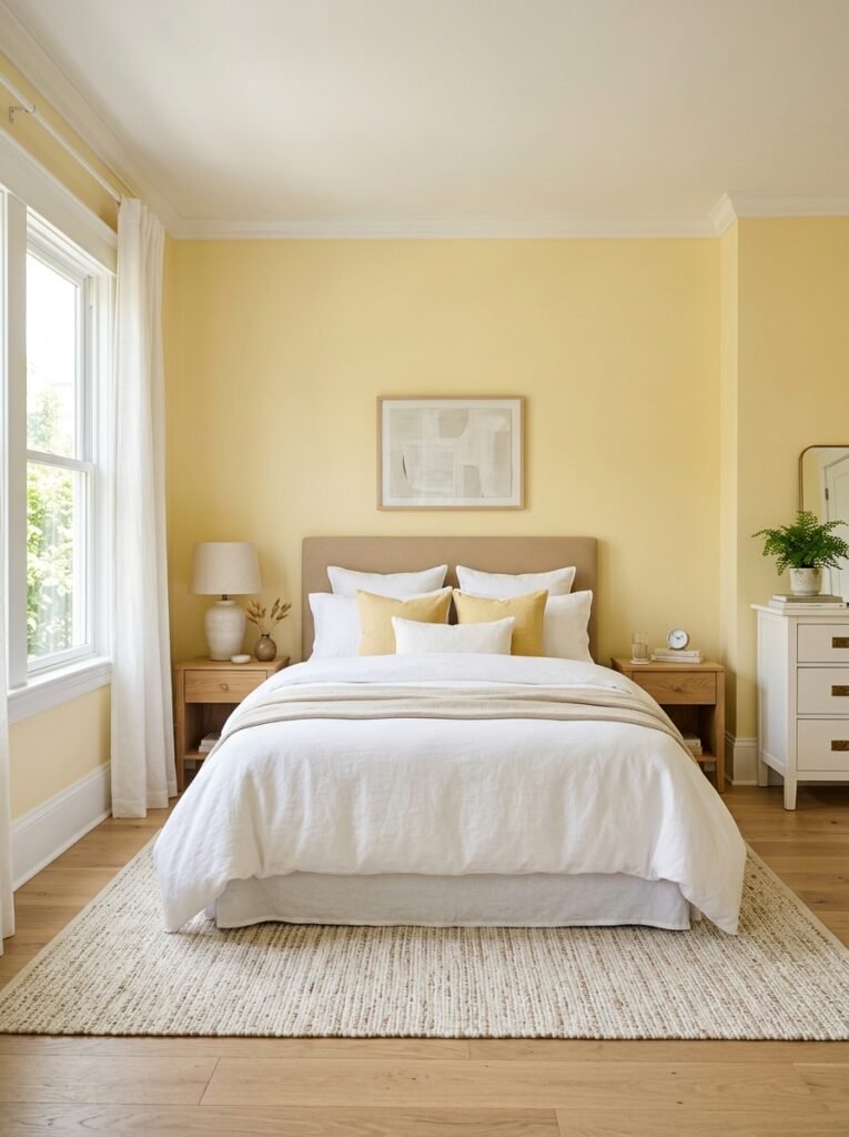 Butter yellow walls with warm white trim