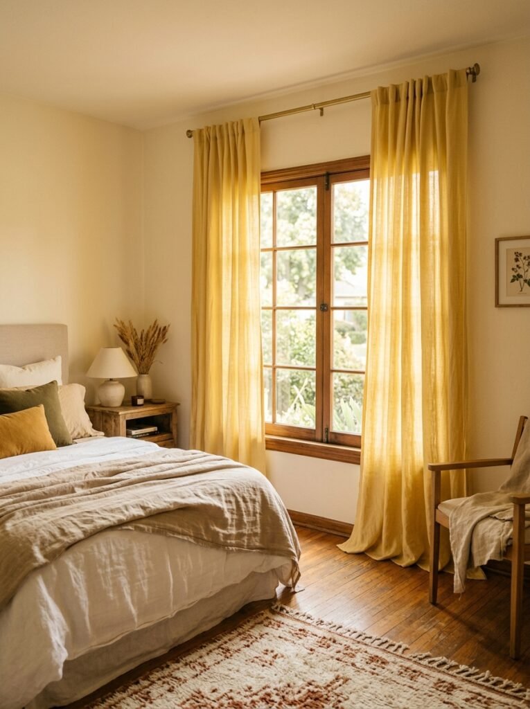 Butter yellow linen curtains filtering daylight