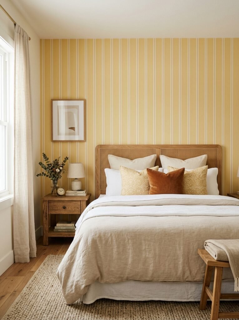 Butter yellow striped wallpaper behind a bed