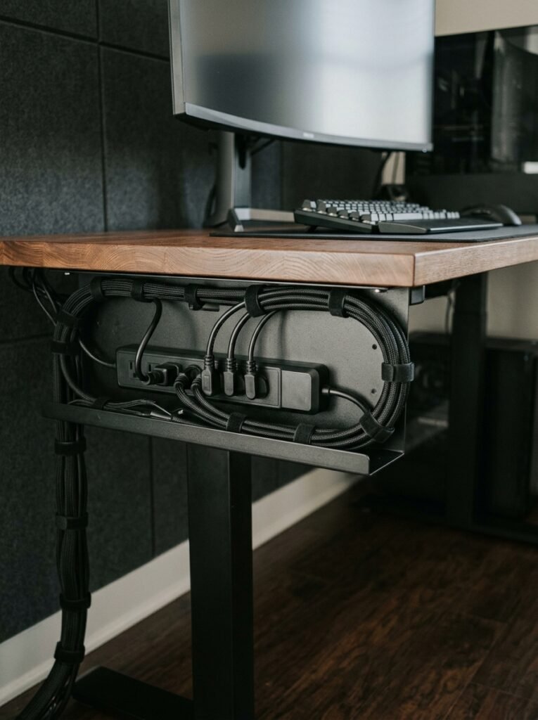 cable management tray under a gaming desk
