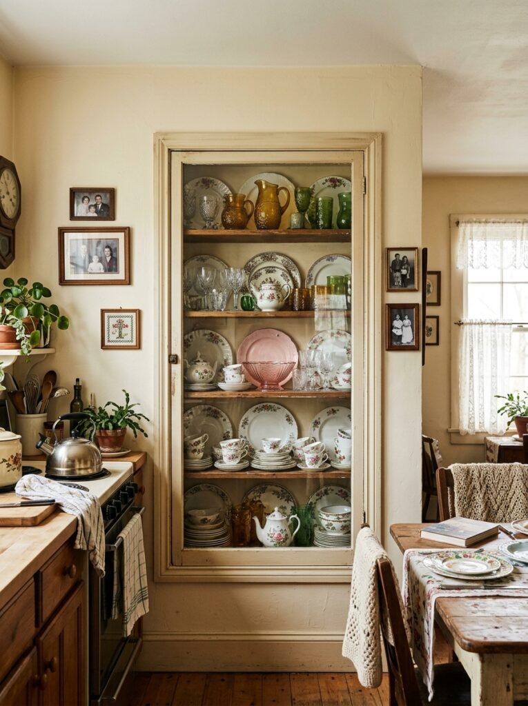 Built-in glass-front china cabinet filled with mismatched heirloom dishes