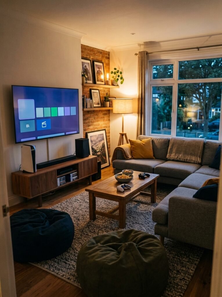 console gaming lounge with a sofa and beanbags