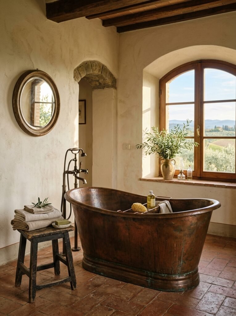 Freestanding copper tub against cream plaster walls