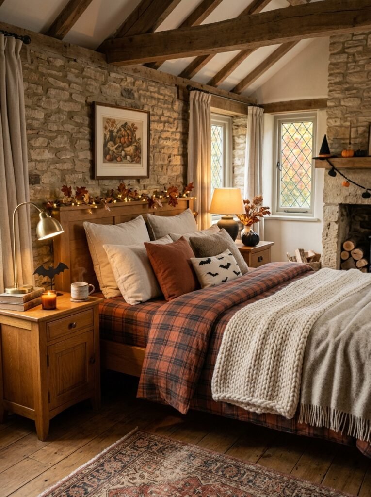 Cozy Halloween bedroom with rust and charcoal plaid and chunky knit bedding