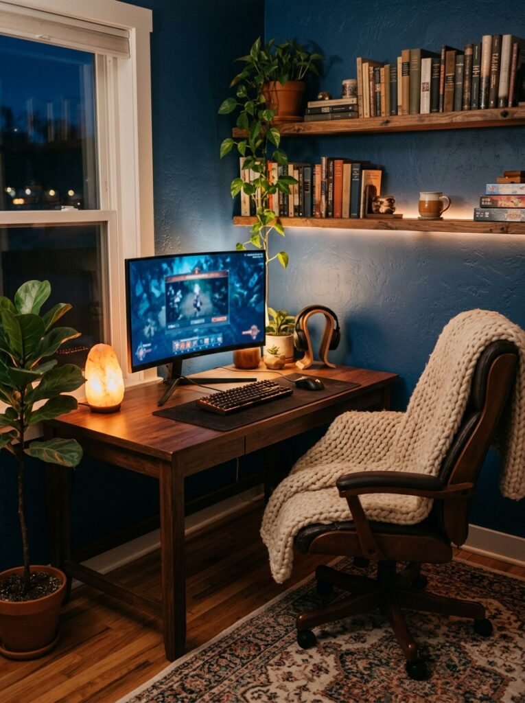 cozy gaming room with warm lighting and a knit throw