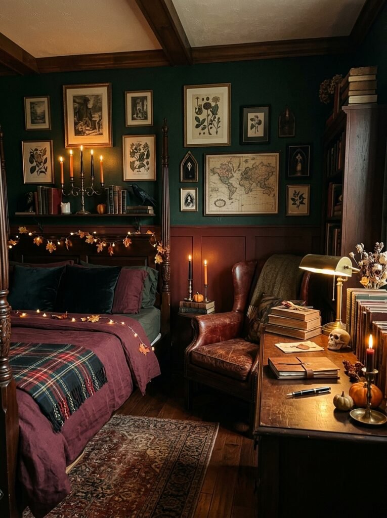 Dark academia Halloween bedroom with books, leather, brass, and deep green walls