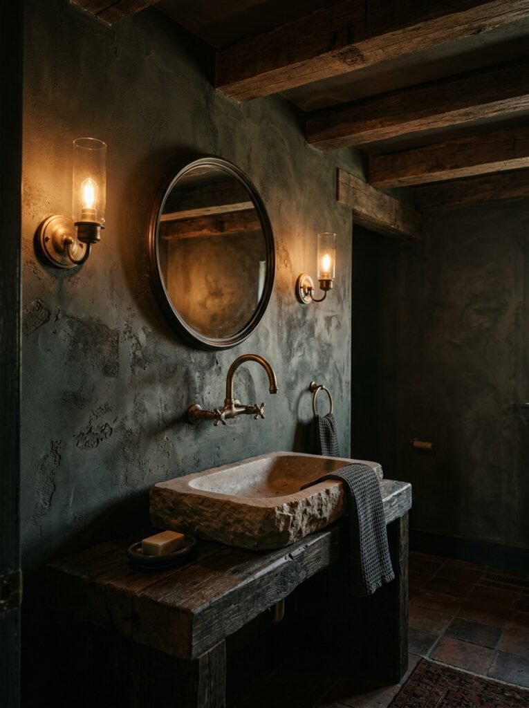 Dark plaster powder room with stone basin