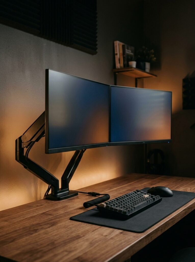 two monitors on monitor arms on gaming desk