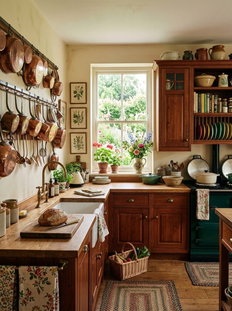 Hanging copper pots against rich cherrywood cabinetry