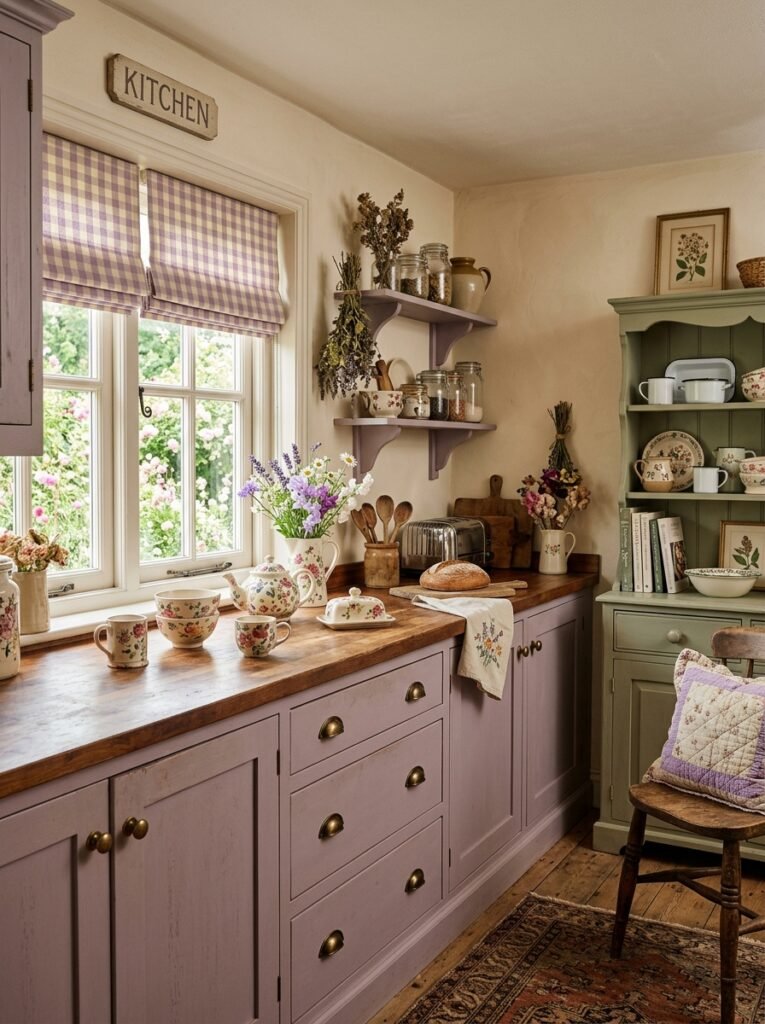 Dusty lilac kitchen with gingham Roman shades and painted furniture
