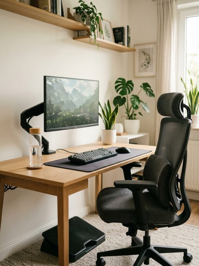 ergonomic gaming setup with monitor at eye level