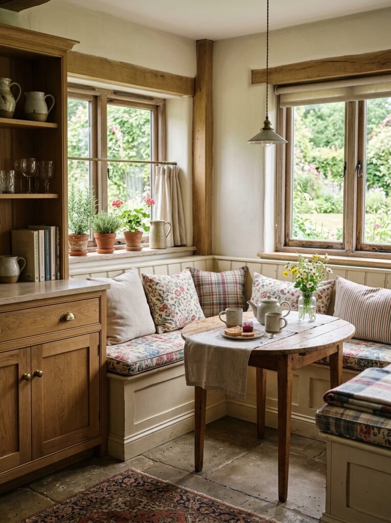 Built-in farmhouse breakfast nook with patterned cushions