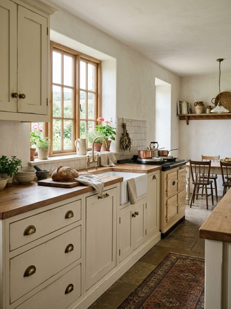 Cream farmhouse cabinets with aged brass hardware