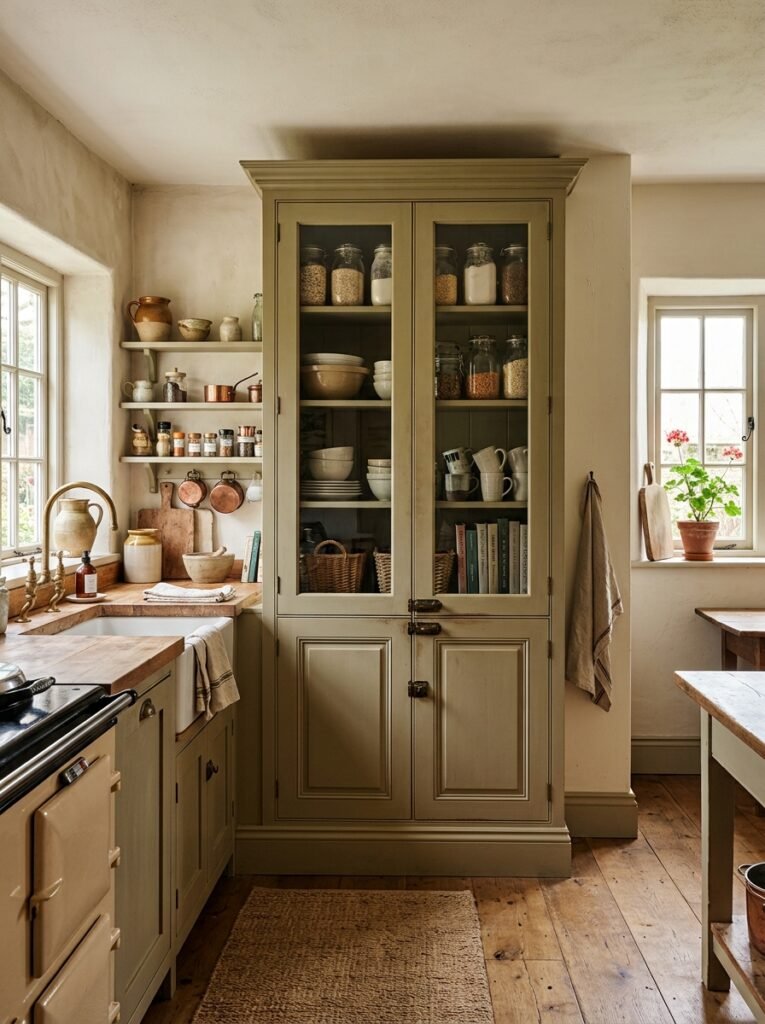 Freestanding furniture-style pantry cabinet in a farmhouse kitchen