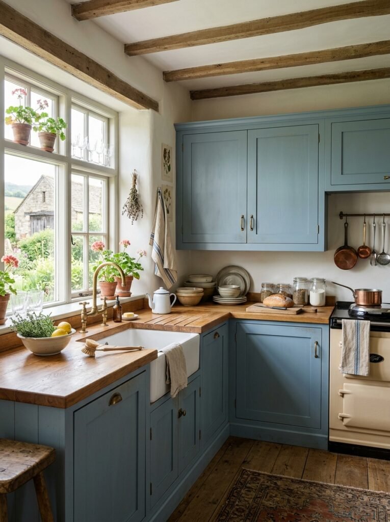 Soft blue cabinets with warm butcher block countertops