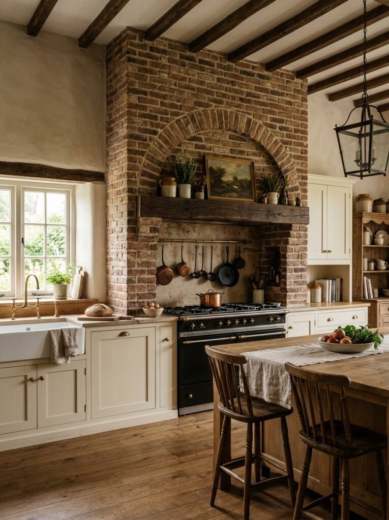 Farmhouse kitchen with a brick range hood