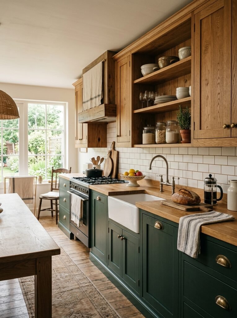 Dark green lower cabinets with natural oak upper cabinets