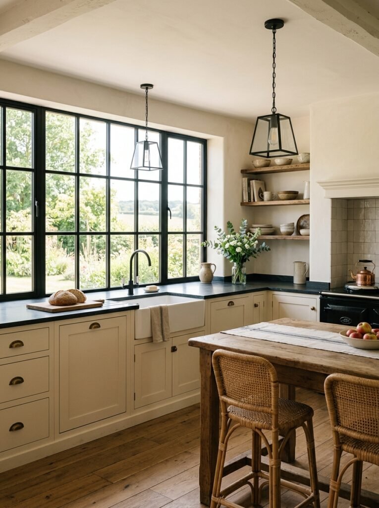 Cream farmhouse cabinets with large black-framed windows