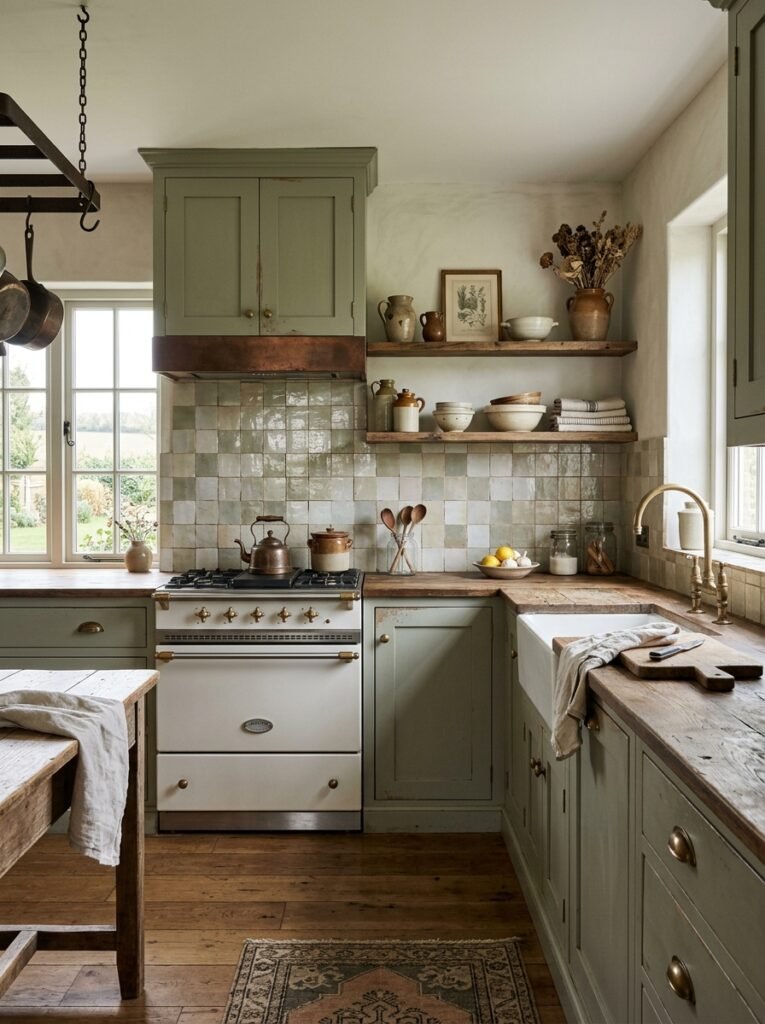 Sage green cabinets with handmade zellige tile backsplash