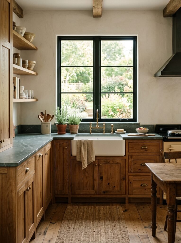 Warm oak cabinets with rustic soapstone countertops