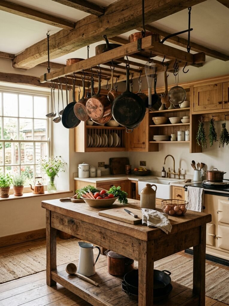 Wooden pot rack displaying cookware above a kitchen island