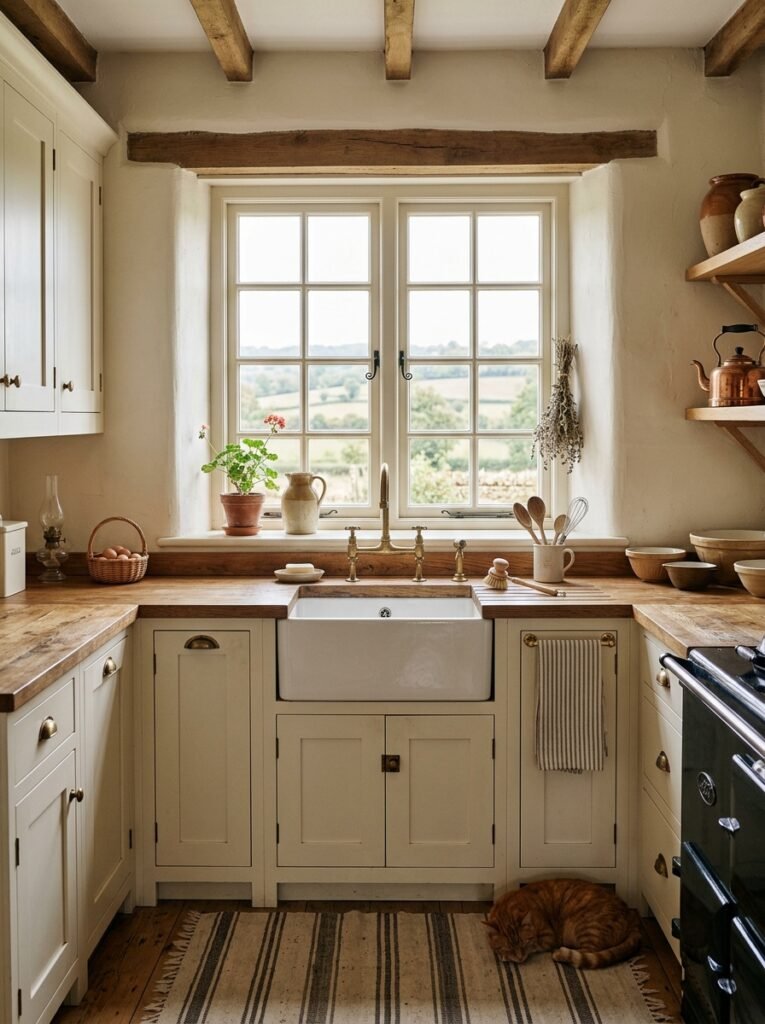 Apron-front sink beneath a large divided-pane window