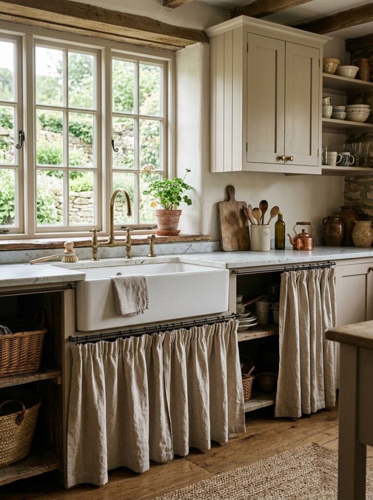 Farmhouse kitchen with a skirted sink and gathered fabric