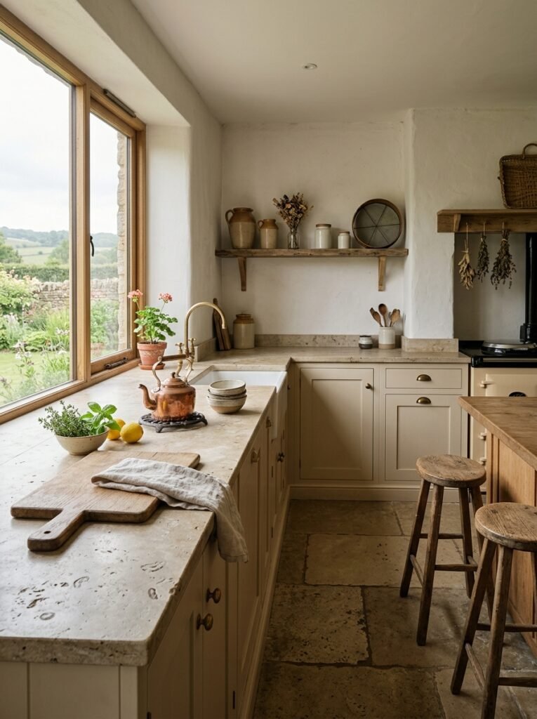 Rustic farmhouse kitchen with limestone countertops