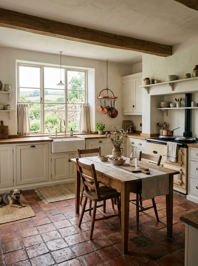 Warm terracotta tile floor with cream farmhouse cabinets