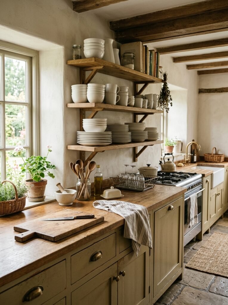 Open plate shelves filled with everyday white dishes
