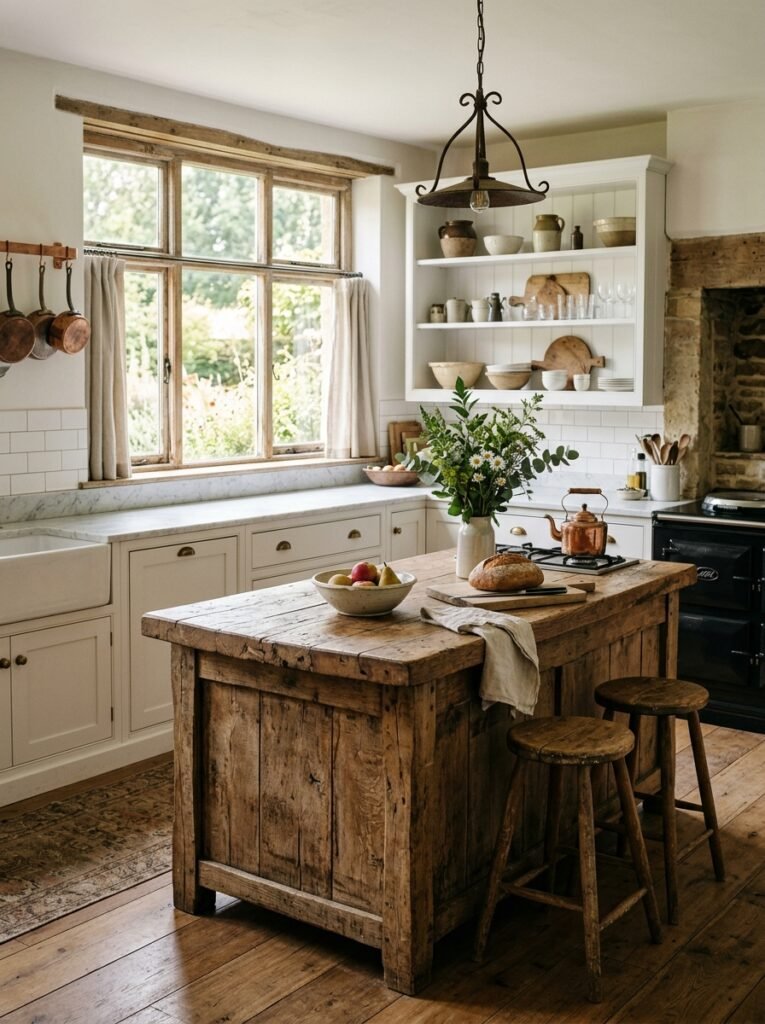 White shaker cabinets with a large reclaimed wood island
