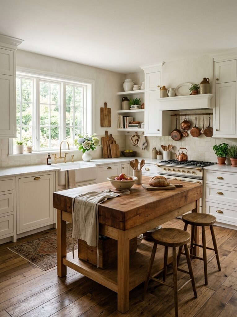 White quartz countertops with a butcher block kitchen island