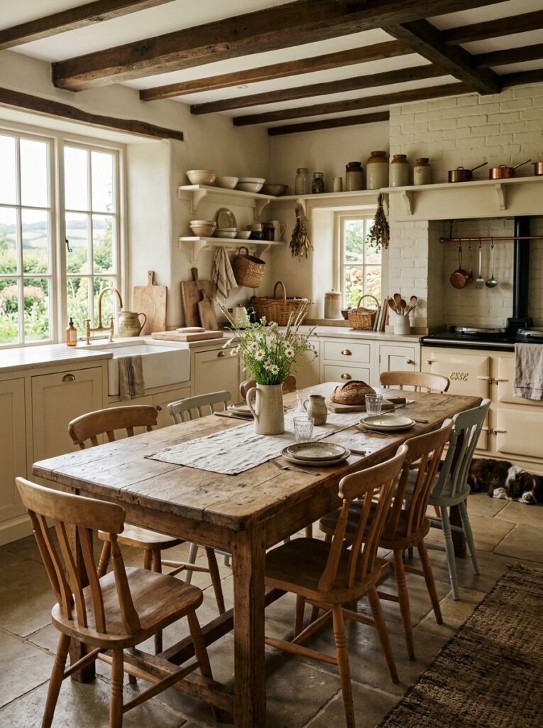 Long wooden farmhouse table replacing the kitchen island