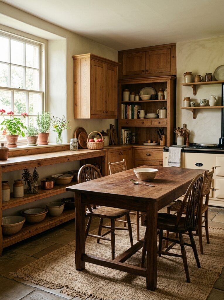 Collected farmhouse kitchen with mixed woods and vintage decor