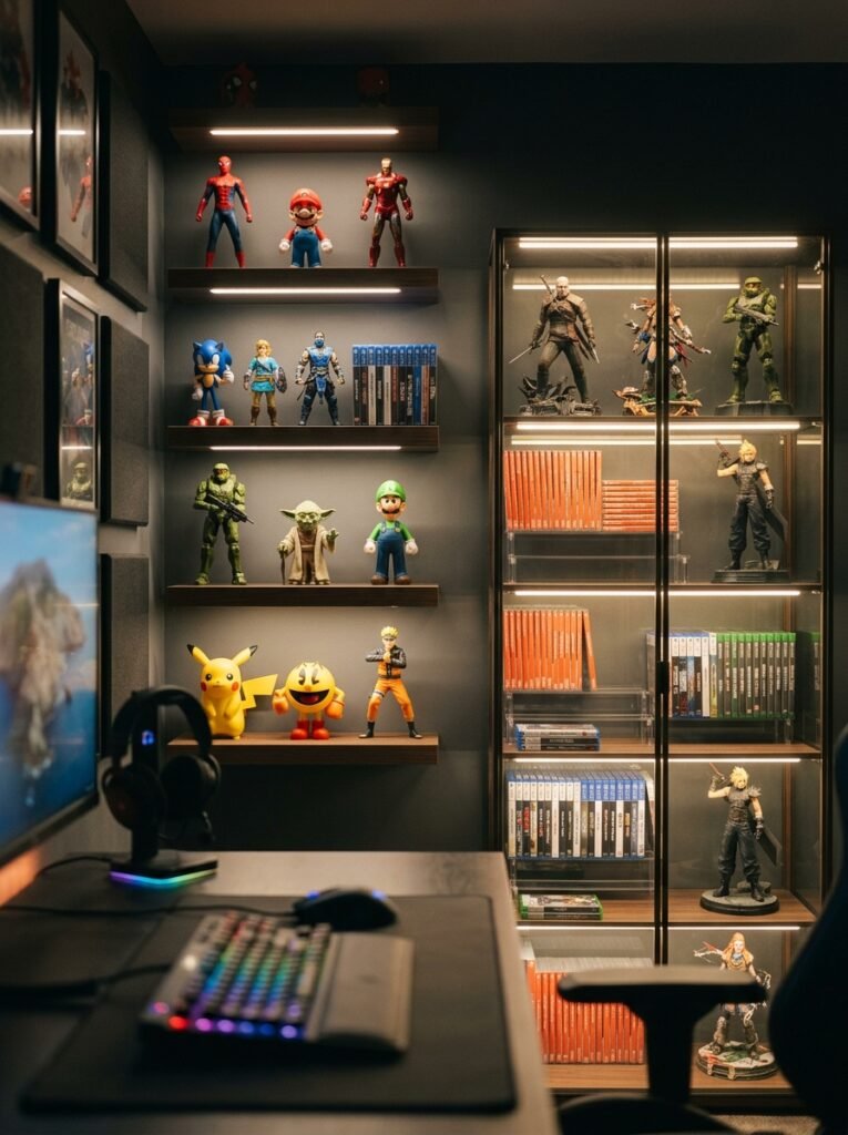 collectible figures on lit shelves in a gaming room