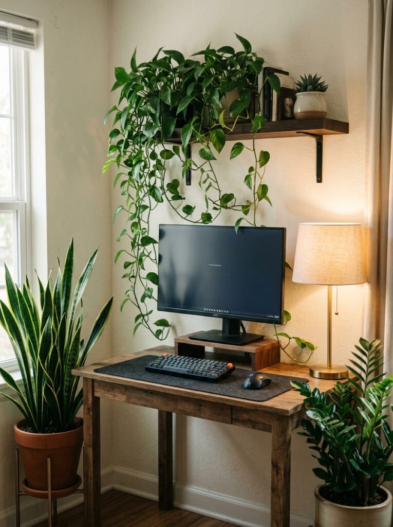 gaming desk surrounded by plants