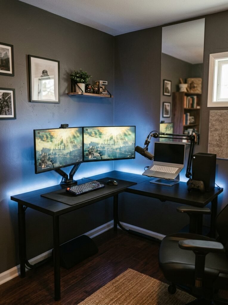 l-shaped corner gaming desk with two monitors
