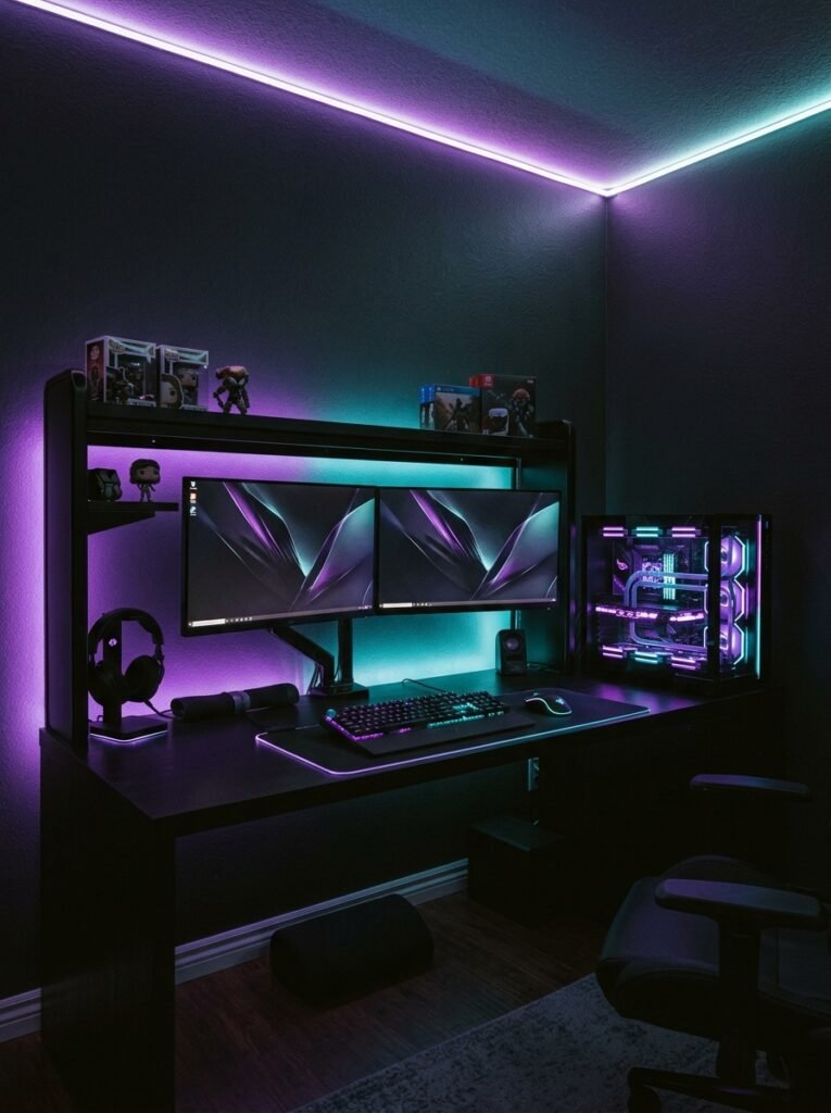 gaming room with synced purple and teal rgb lighting