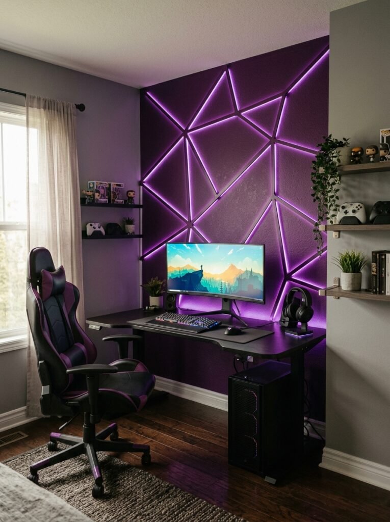 purple geometric accent wall in a gaming room