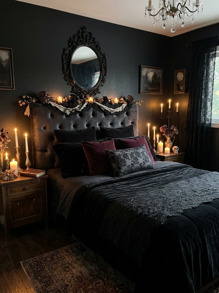 Romantic gothic bedroom with velvet bedding and delicate lace accents